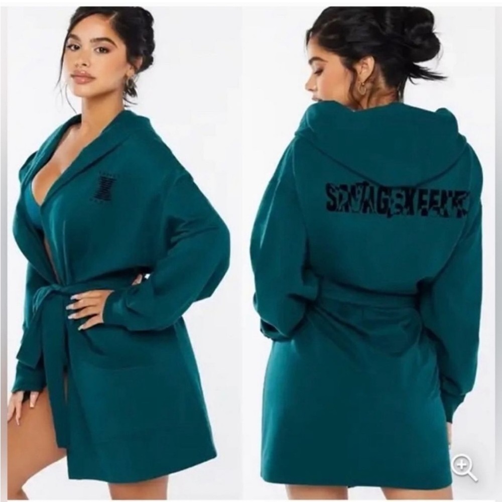 Savage X Fenty by Rihanna Dark Green Hooded Short Robe with Belt, Size M/L